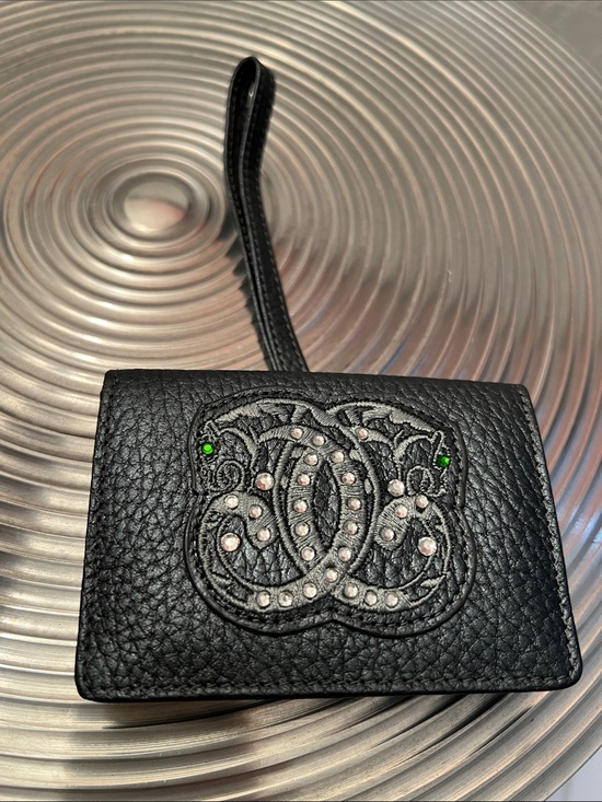 SHARIF Handbags - SHARIF 100% Black Leather Wristlet Card Holder with Embellished Logo Patch